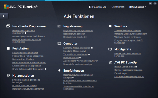 AVG TuneUp - alle Funktionen im Überblick   AVG PC TuneUp All Functions 630x394