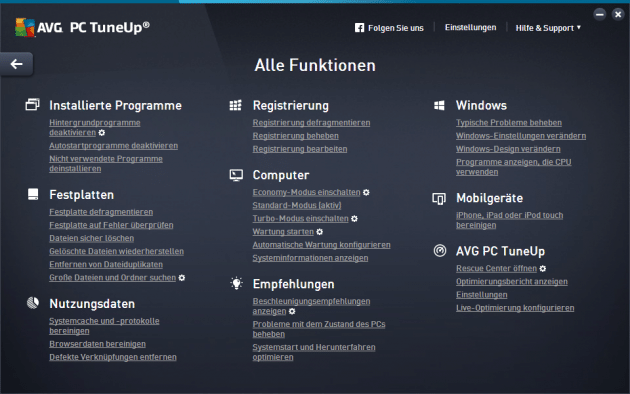 AVG TuneUp - alle Funktionen im Überblick avg tuneup AVG TuneUp unter der Lupe &#8211; der fast perfekte Frühjahrsputz steht bevor AVG PC TuneUp All Functions 630x394
