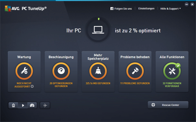 AVG TuneUp Dashboard avg tuneup AVG TuneUp unter der Lupe &#8211; der fast perfekte Frühjahrsputz steht bevor AVG PC TuneUp Dashboard 630x394